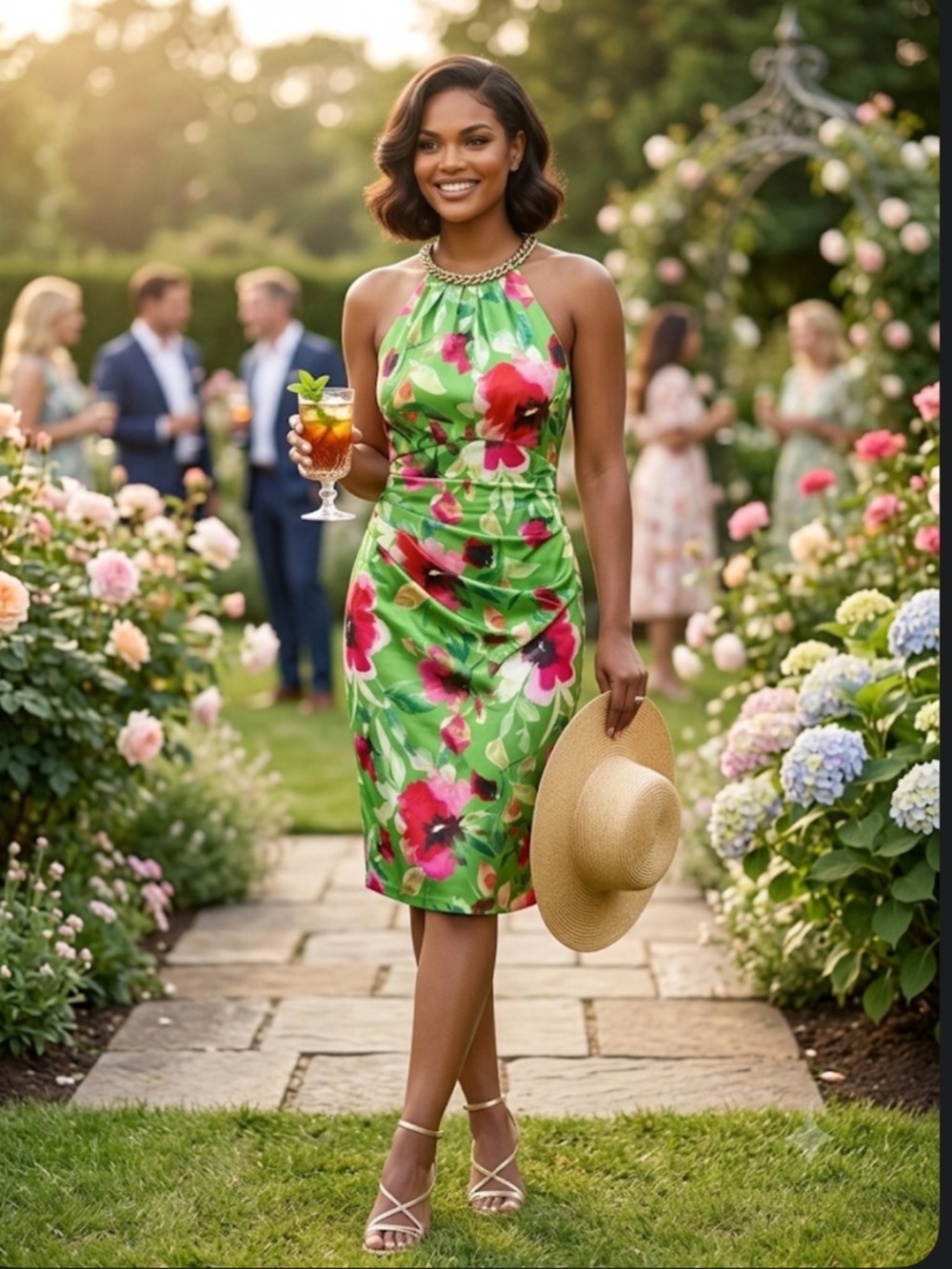 NWT Eliza J Green Floral Halter Ruched Sheath Dress Chain Neck Size 6